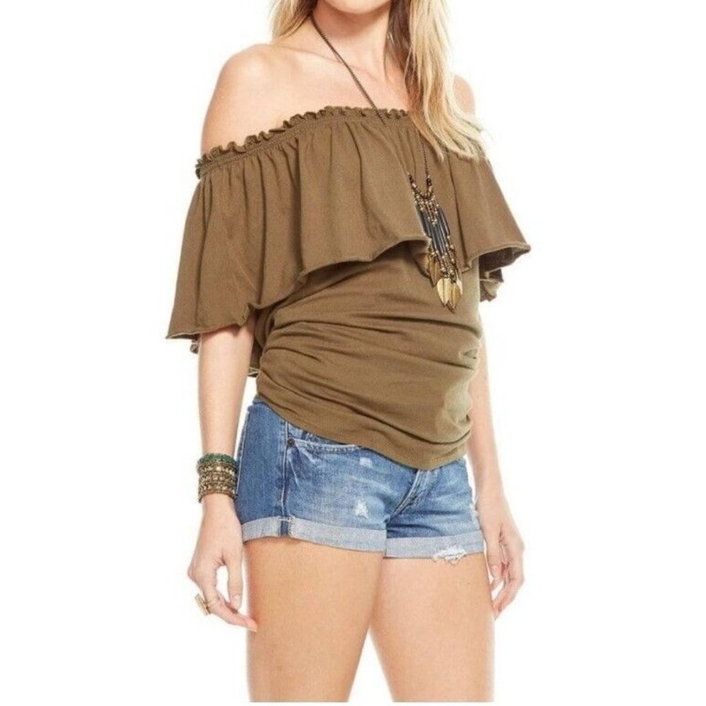 NEW Chaser Womens Cotton Jersey Off Shoulder Bardot Top M Military Olive Green